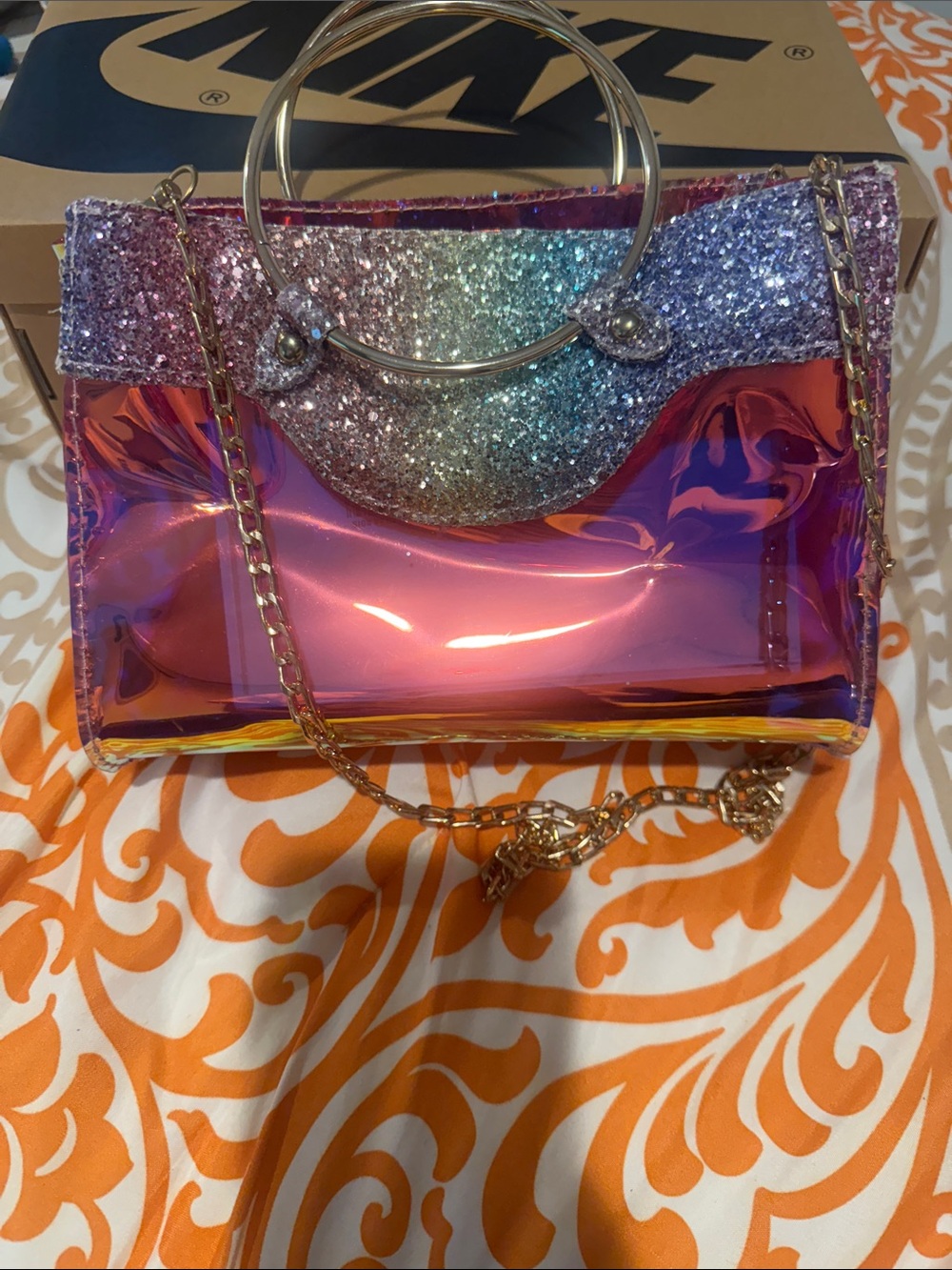 Iridescent Pink & Purple Glitter Tote with Gold Ring Handle